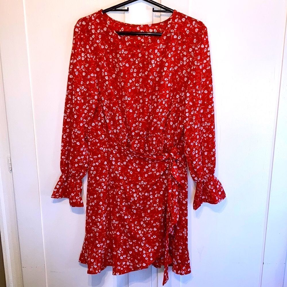 Women’s Red Floral Mock Wrap Knee Length Long Sleeve Lightweight Dress Size L